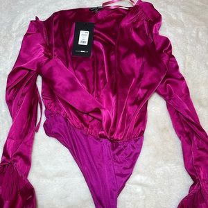 Fashion Nova Magenta Satin and Velvet Bodysuit